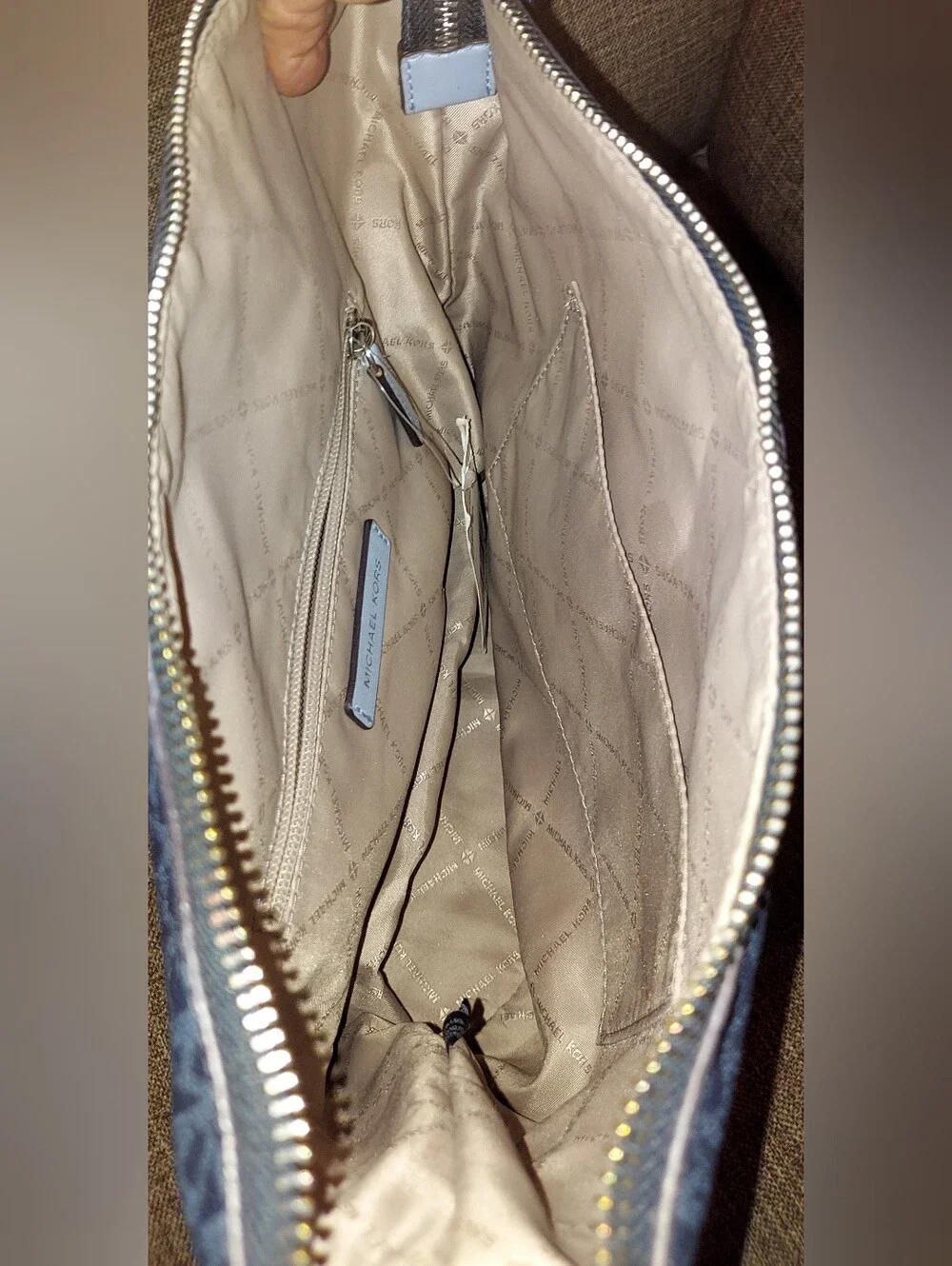 Michael Kors Navy Monogram Bucket Hobo with Light Blue Strap